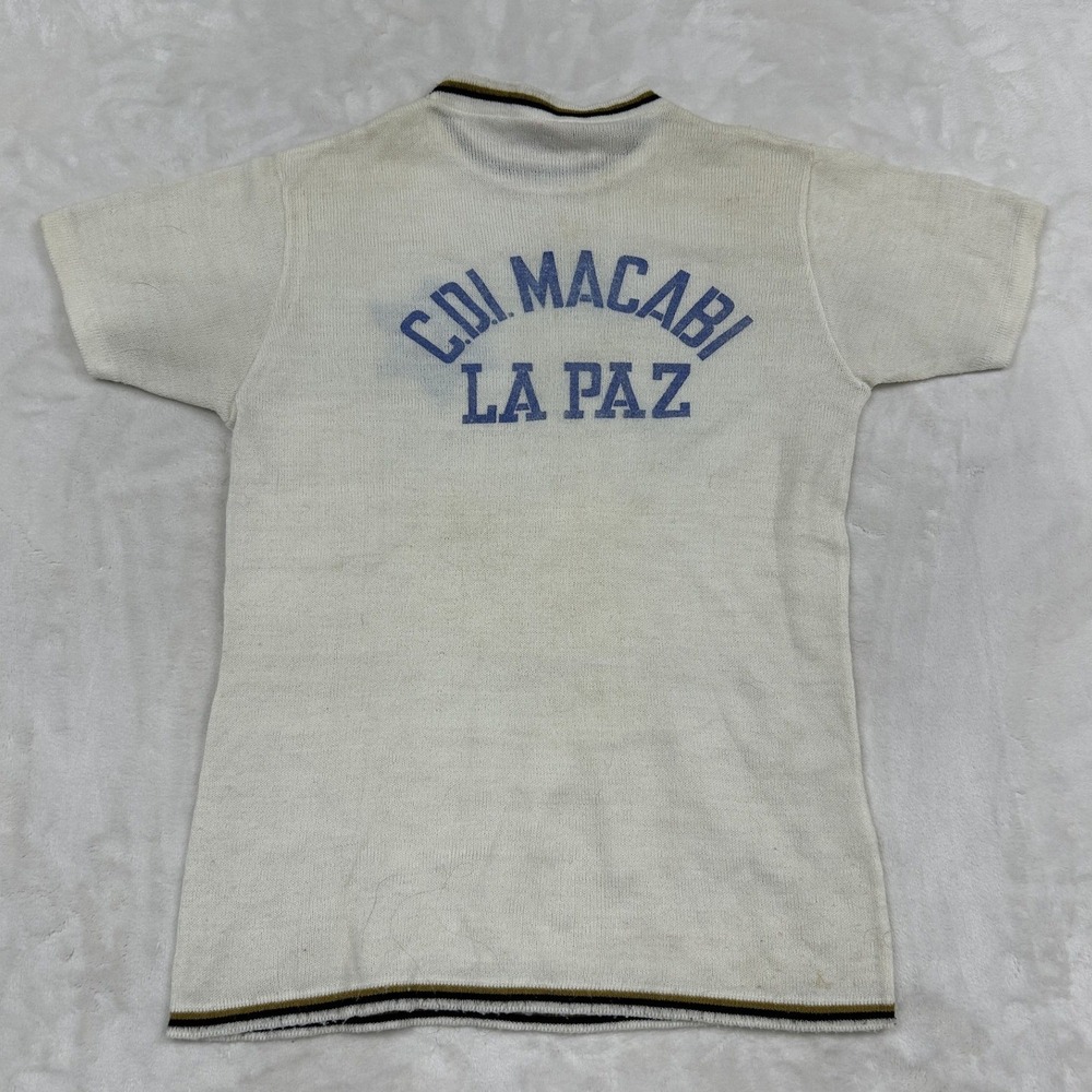 70s Vintage Maccabi Israel Knit Shirt Mens Small White Blue Star of David Ringer